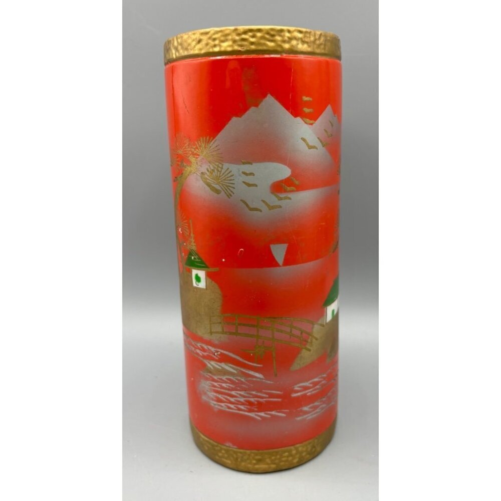 Vtg Norleans Japanese Red Orange Gold Ceramic Vase‎ Painted Landscape Design